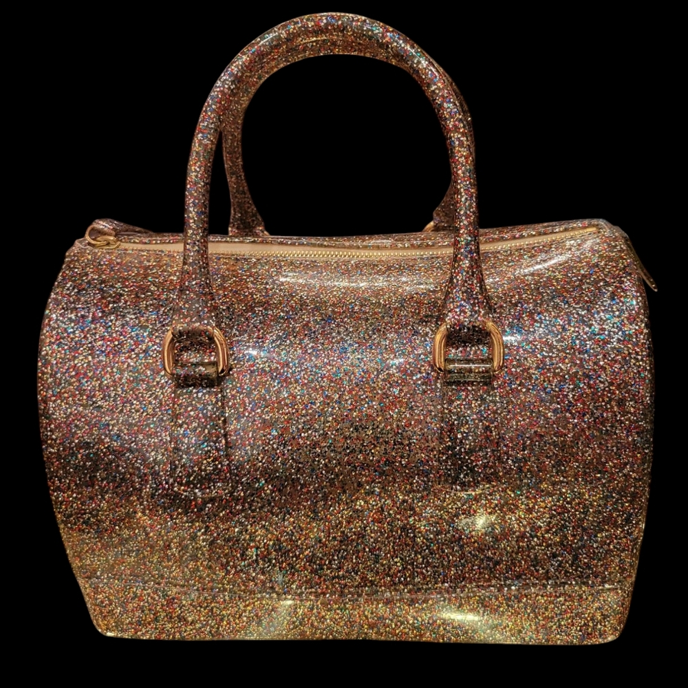 Furla Candy Large Gold Rainbow Glitter Jelly Rubber Boston Bag W/Lock&Tag NWOT